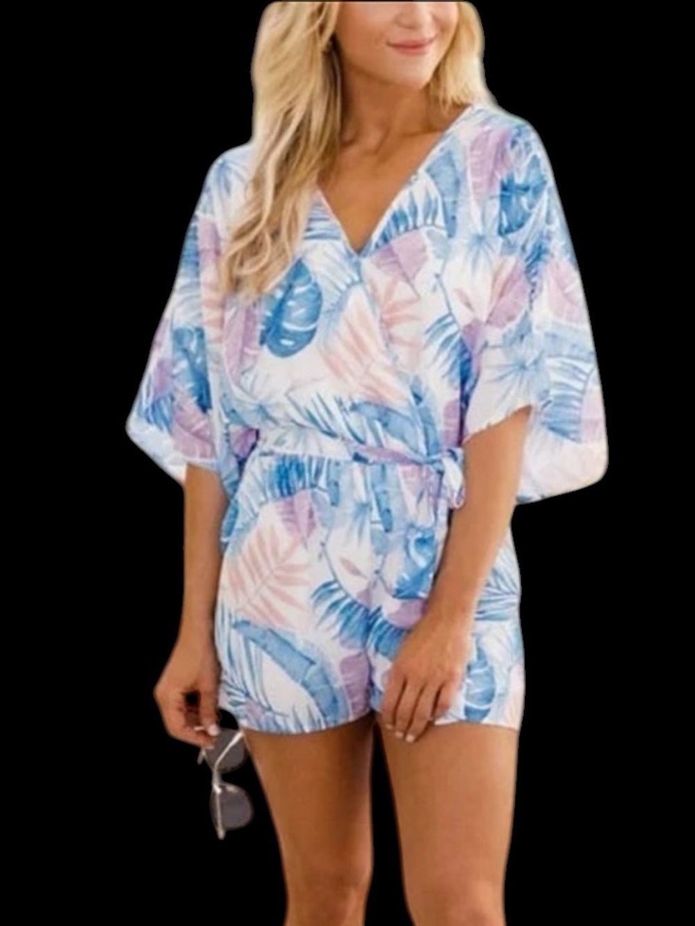 Women’s Tropical Vacation Palm Leaf Summer Vacation Short Sleeve Short Romper XL